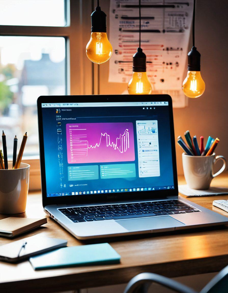 A stylized workspace featuring a laptop open to a vibrant blog post, surrounded by notes and a steaming cup of coffee. Above the laptop, a glowing lightbulb represents creativity and innovative ideas. A digital graph showing growth trends and engagement analytics hovers in the background, illustrating online success. Elements like a smartphone and social media icons add to the digital theme. modern flat design. bright colors. soft gradients.