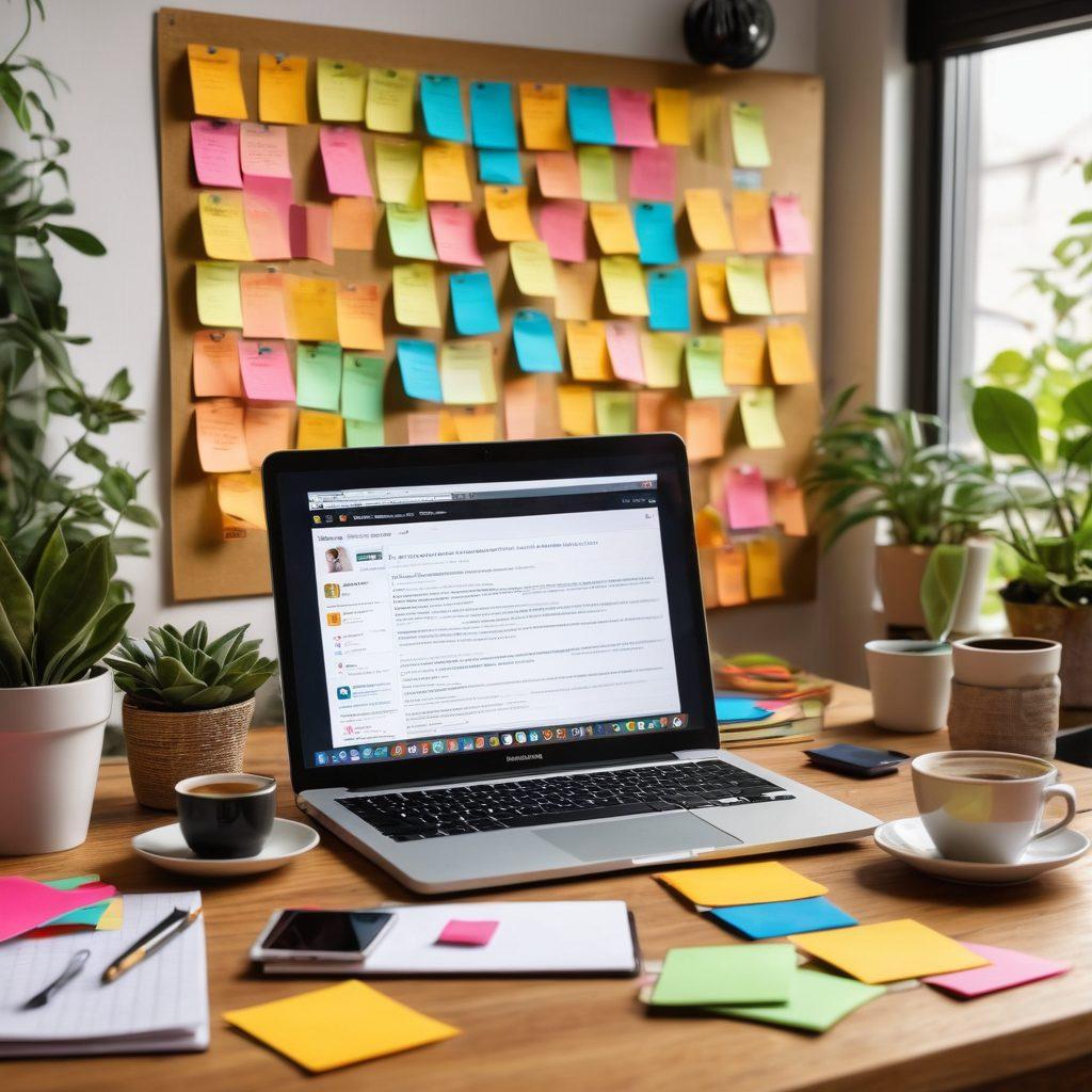 A modern content creator surrounded by colorful sticky notes filled with blog ideas, a laptop open displaying a blog interface, a cup of coffee, and a light bulb hovering above representing creativity, in an artistic workspace filled with plants and tech gadgets. vibrant colors. super-realistic. 3D.