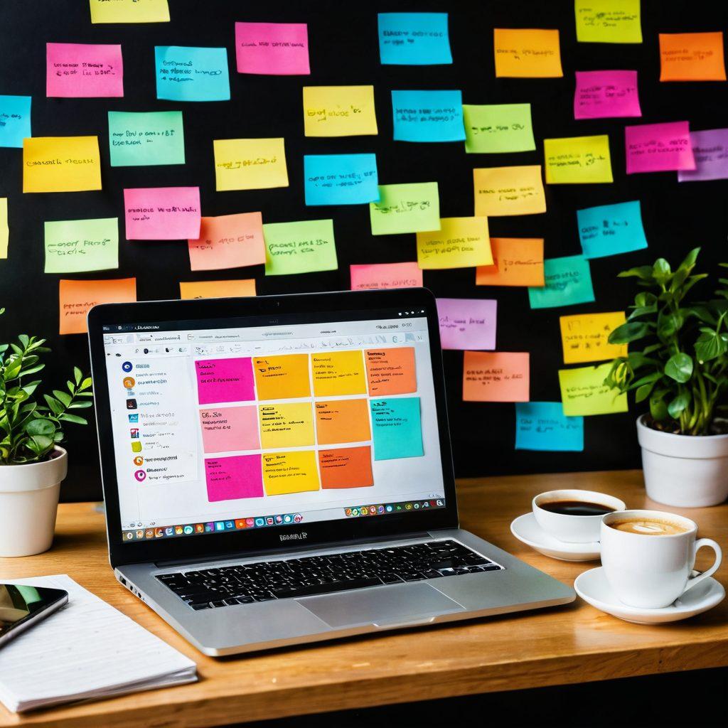 A welcoming digital workspace featuring an open laptop with an inviting blogging dashboard, colorful sticky notes scattered around, a steaming cup of coffee, and a vibrant community of diverse people sharing ideas in speech bubbles above the laptop. The background is filled with inspiring quotes about creativity and community. super-realistic. vibrant colors. warm lighting.